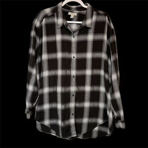 Calvin Klein Women's XL Plaid Button-Up Blouse Black & White Long Sleeve